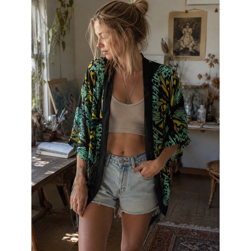 Angie Monarch Butterfly Wing Print Kimono L Layering Boho Open Front Festival